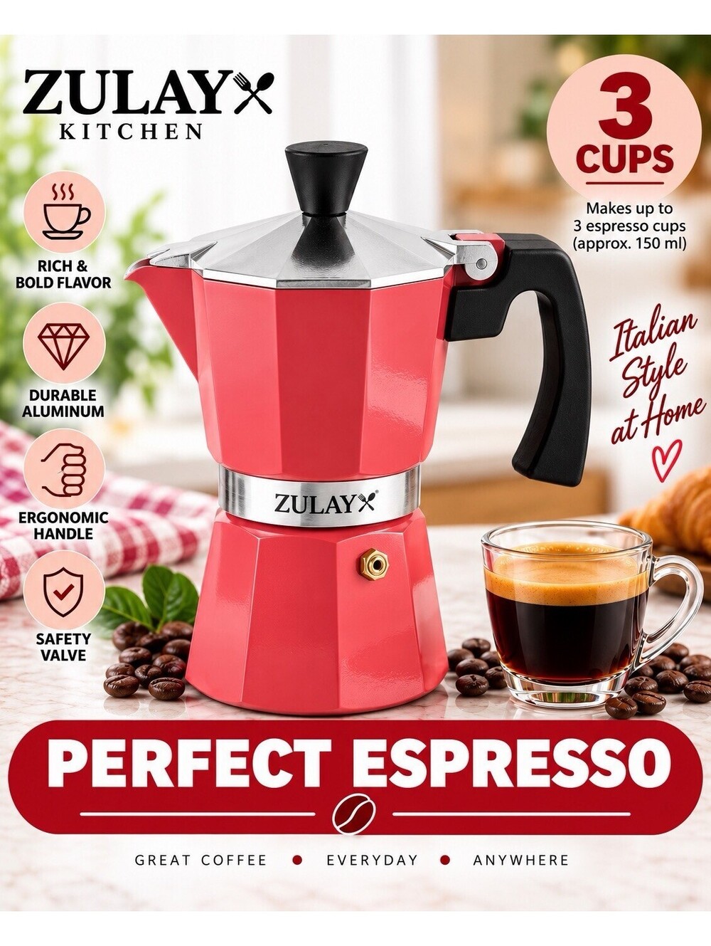 ☕ Zulay Kitchen 3 Cup Moka Pot Stovetop Espresso Maker Soft Red Aluminum NEW